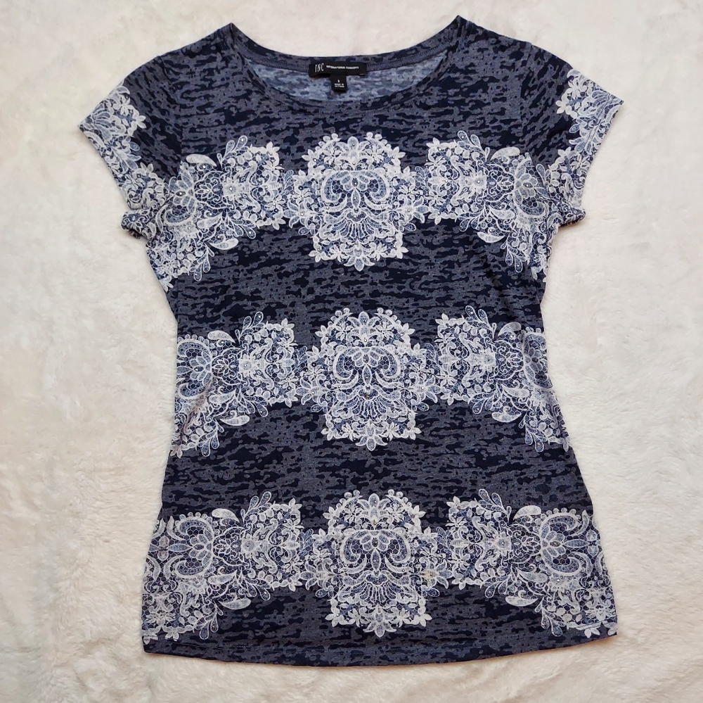 INC International Concepts Blue White Rhinestone Embellished Burnout Tee Size S